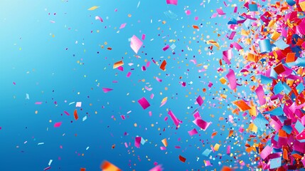 Canvas Print - Vibrant colored confetti flying against a bright blue background, with plenty of space left for adding celebratory text