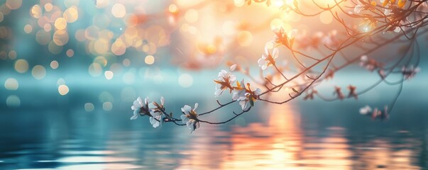 A tree branch with white flowers is floating on a body of water. The water is calm and the sky is blue. Concept of tranquility and peace