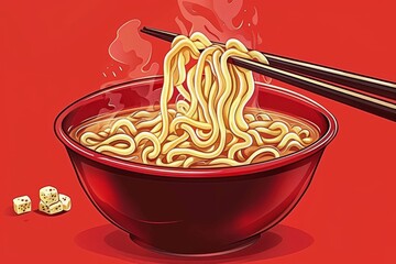 Wall Mural - Steaming hot bowl of noodles with chopsticks on red background