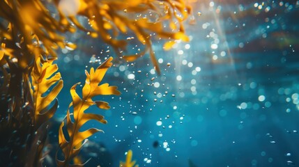 Wall Mural - Close-up of large colorful seaweed swimming alone under the sea.