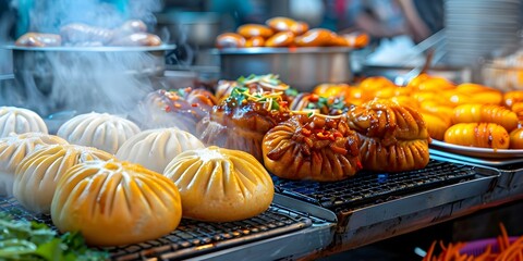 Wall Mural - Vietnamese pork steamed bun captured in a close-up shot at a lively street market. Concept Street Food Photography, Vietnamese Cuisine, Close-up Shots, Food Market Ambiance, Asian Culinary Art