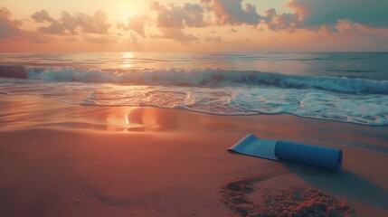 Wall Mural - Calm beach scene with gentle waves, a yoga mat on the sand, and a peaceful sunrise.