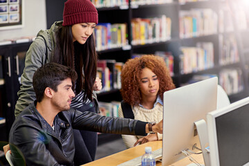 Poster - University, education and students learning for computer, test or assignment in library on campus. Scholarship, knowledge and friends research in college project class with technology and information