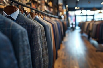 Business men's suit store indoor view, Men's suits on a hanger in a store window, AI-generated