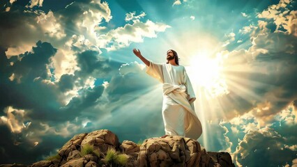 Wall Mural - Jesus standing with rays and clouds in the background, cinematic scene