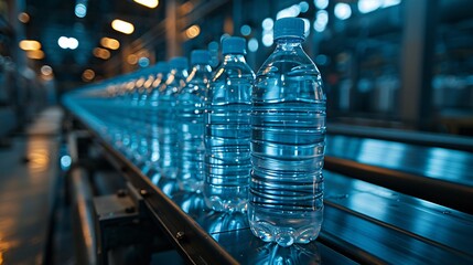 Wall Mural - High-tech conveyor belt in a beverage plant, blue-toned factory interior, bottles filled with water, industrial production line