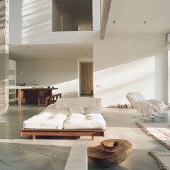 Wall Mural - Minimalist living room with white walls, a white futon, and an open floor plan that emphasizes space