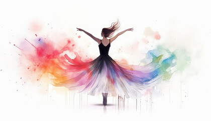 Wall Mural - A woman in a black dress is dancing in a rainbow