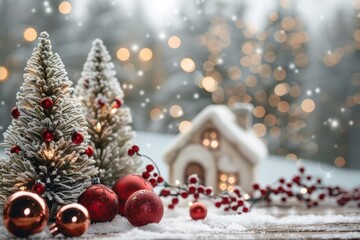 A Christmas scene with a house and two trees. The trees are decorated with red balls and the house is lit up. Scene is festive and joyful