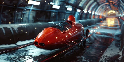 Poster - A red car driving on a track inside a tunnel. Suitable for transportation concepts