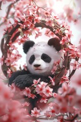 Poster - A cute panda bear sitting in a tree with beautiful pink flowers. Perfect for nature lovers and animal enthusiasts