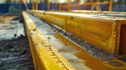 Sticker - Close up of a yellow rail on a construction site, suitable for industrial themes