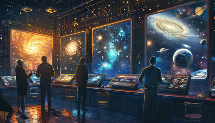 Wall Mural - A group of people are looking at a display of planets in a room with a blue