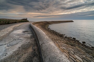 Poster - A concrete wall standing next to a body of water. Suitable for architectural or industrial concepts