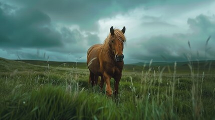 Poster - A majestic brown horse standing on a lush green field. Ideal for nature and animal themes