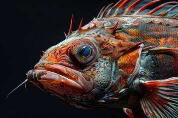 Poster - Close up of a fish on a black background, perfect for aquatic themes
