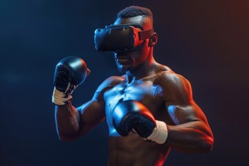 Poster - A man wearing a virtual reality headset in a boxing ring. Can be used for technology or sports concept