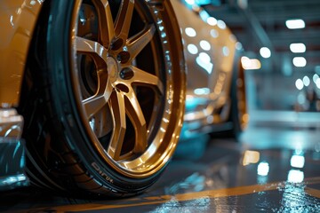 Poster - Close up of a car tire on a wet surface, perfect for automotive industry use