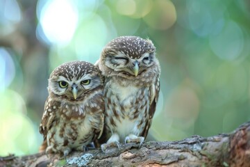 Poster - Two cute owls perched on a tree branch. Ideal for nature and wildlife themed designs