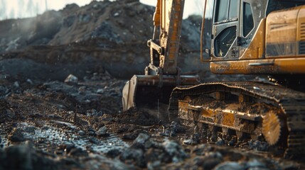 Poster - A yellow excavator parked on a mound of dirt. Suitable for construction projects