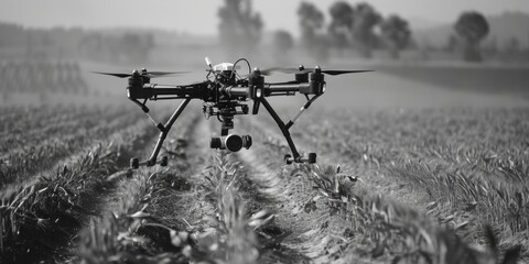 Poster - A black and white photo of a drone in a field. Suitable for technology and agriculture concepts