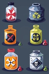 Aufkleber - A set of four cartoon bottles with different items inside. Great for illustrating diversity or collection concepts