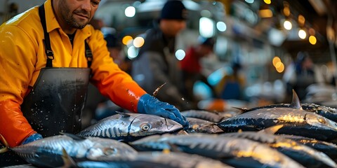 Wall Mural - Unloading fresh tuna at harbor with slight motion blur northern ocean fishery. Concept Fishing Industry, Fresh Tuna, Harbor Activities, Motion Blur Photography, Northern Ocean Fisheries,