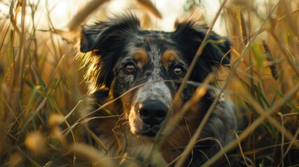 Poster - A dog sitting calmly in a field of tall grass, suitable for pet-related designs