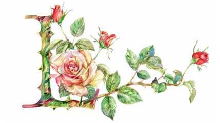 Sticker - Beautiful watercolor painting of a delicate rose on a branch, perfect for nature lovers and floral enthusiasts