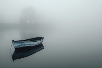 Sticker - A boat floats on a foggy body of water, its mirror-like surface obscured by mist In the distance, a building emerges from the gloom