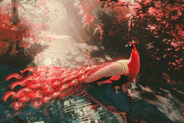 Poster - Majestic peacock standing in peaceful pond. Ideal for nature and wildlife concepts