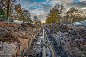 Canvas Print - A large pipe laying in the middle of a dirt field. Suitable for industrial and construction themes