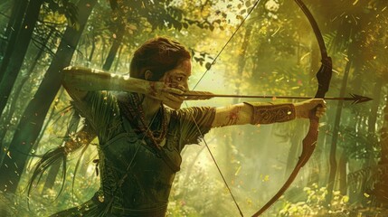 Poster - A woman holding a bow and arrow in a forest. Ideal for outdoor and adventure concepts