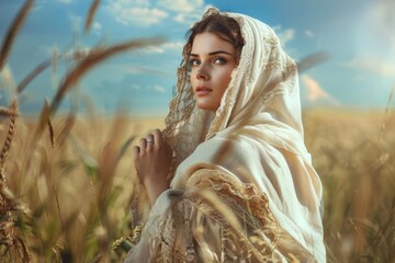 Poster - A woman standing in a field of wheat, suitable for agricultural and nature themes
