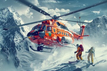 Aufkleber - A helicopter soaring over a majestic snow-covered mountain. Perfect for travel and adventure themes
