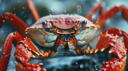 Poster - A crab standing on a rock in the water, suitable for marine-themed designs