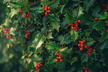 Aufkleber - A bush of holly leaves with vibrant red berries. Ideal for holiday and winter-themed designs