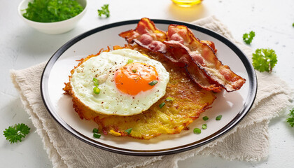 Wall Mural - Homemade crispy hash browns with fried egg and bacon on plate. Tasty food. Delicious dish.