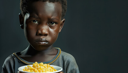 Wall Mural - A young boy is holding a bowl of food