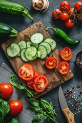 Wall Mural - Freshly sliced tomatoes and cucumbers on a wooden cutting board. Perfect for healthy food concepts