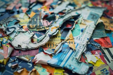 Aufkleber - A close-up view of a pile of torn newspaper. Suitable for news articles and journalism concepts