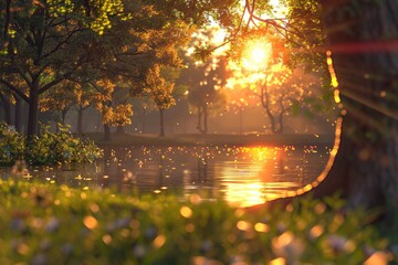 Poster - Sunlight shining through trees reflecting on water, perfect for nature themes