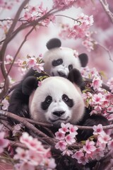 Poster - Two panda bears perched on a tree branch. Suitable for nature and wildlife themes