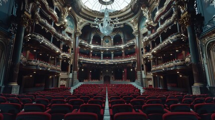Poster - Auditorium with red seats and chandelier, ideal for event promotions