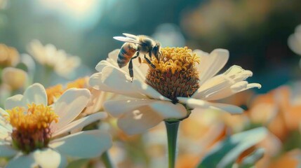 Poster - A bee perched on a white flower. Suitable for nature and garden themes