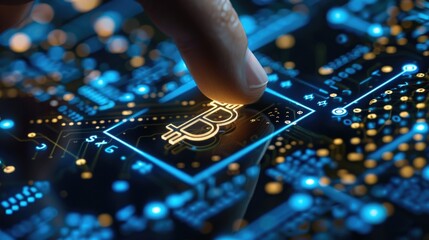 Aufkleber - A finger touching a bitcoin on a circuit board. Ideal for technology concepts