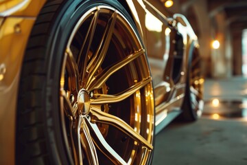 Poster - Close up shot of a car with stylish gold rims. Perfect for automotive and luxury concepts