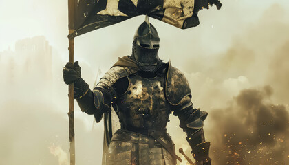 Wall Mural - A knight is holding a flag in a battle scene