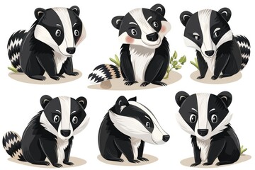 Wall Mural - Four cartoon badgers with different expressions, perfect for various design projects