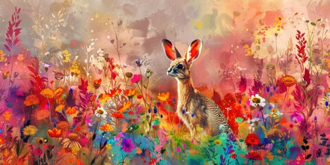 Poster - A beautiful painting of a deer in a field of colorful flowers. Suitable for nature and wildlife themes